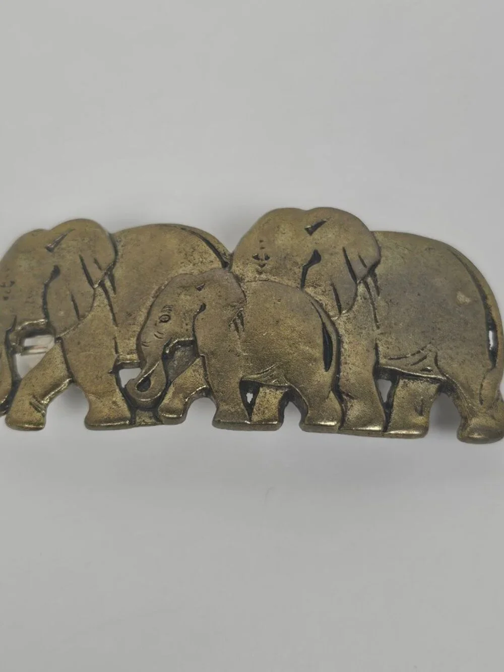 Vtg Karina France Elephant Family Hair Clip Barrette Antiqued Gold Tone Metal